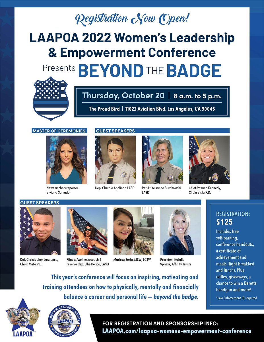 AirportPoliceLA's tweet photo. Have you registered yet for the much-anticipated LAAPOA 2022 Women’s Leadership &amp; Empowerment Conference? Doing so gives you the chance to hear from many of the most prominent leaders in our profession. Don’t miss this amazing opportunity! Register: https://t.co/LuVfISIoNq https://t.co/83vPJqUI5u