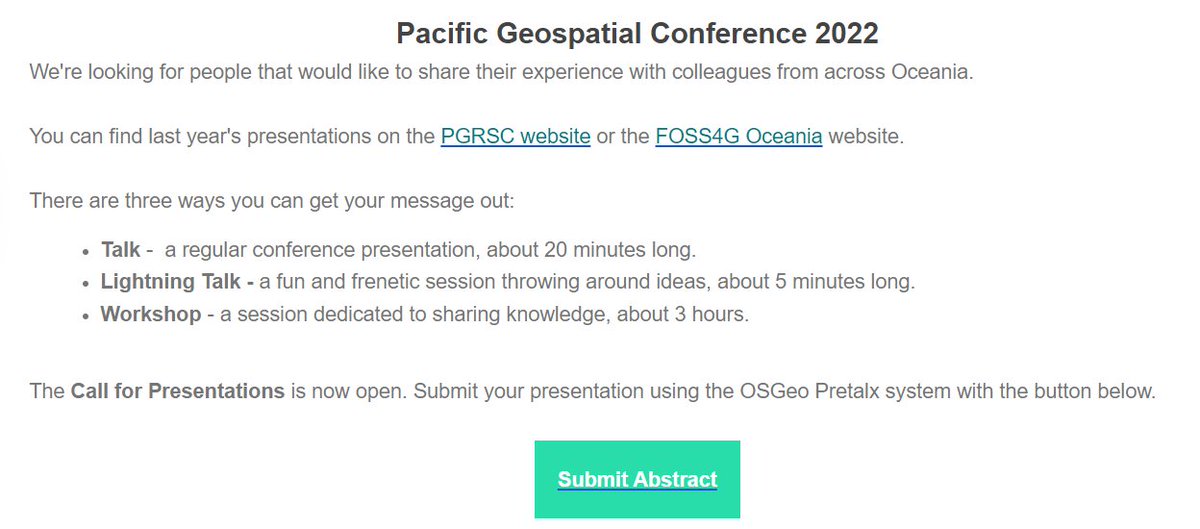 NMetherall's tweet photo. JUST 10 DAYS LEFT!
Send in your abstracts to present at this year's Pacific GIS and Remote Sensing #Conference (#PGRSC). @USPGIS
There are three ways you can get your message out:
1. Present (20 mins)
2. Lightning talk (5 mins)
3. Workshop
Apply here: https://t.co/L8Oy6SP9XJ https://t.co/srGe9VXVEj