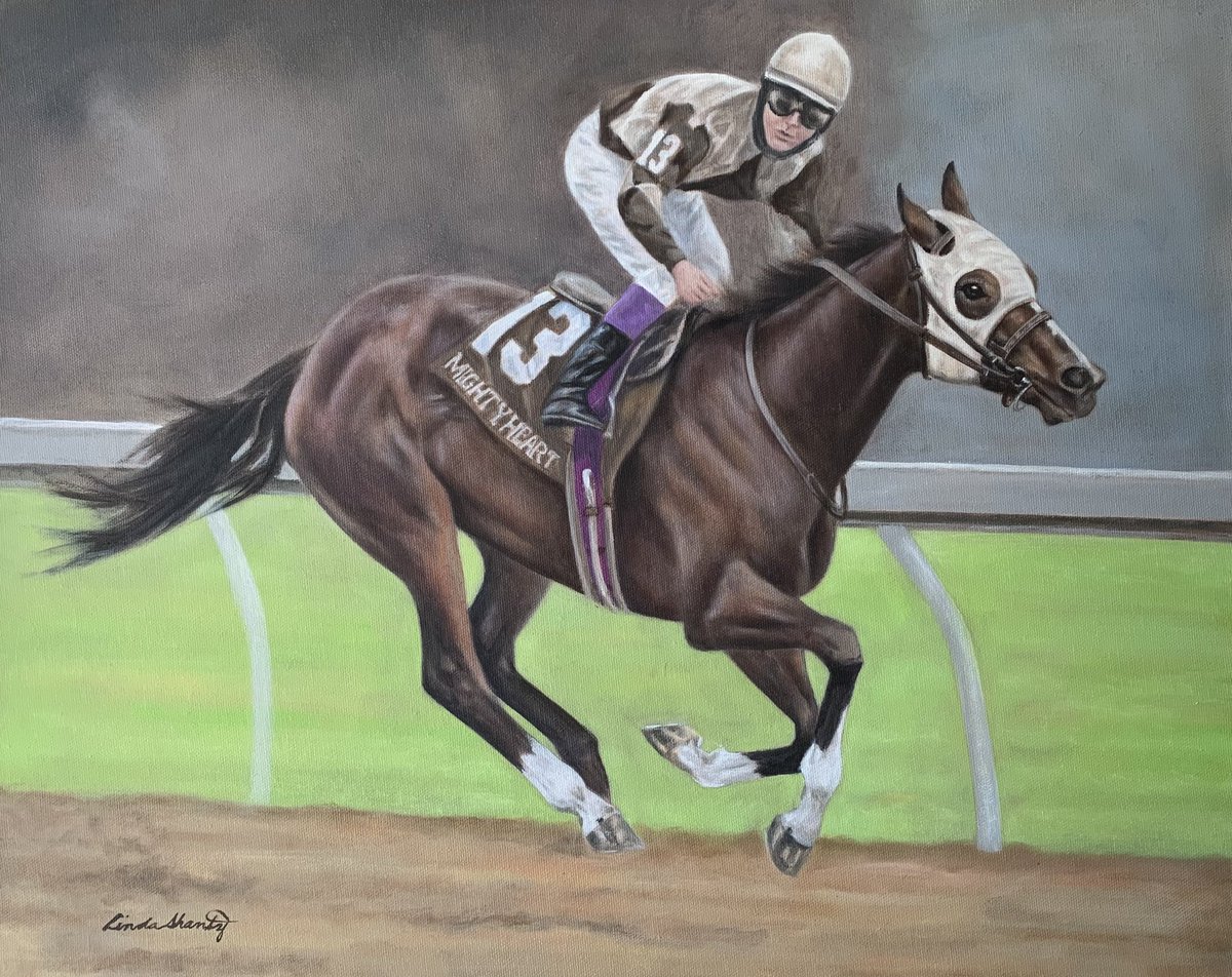Finished! Signed! Varnished! Just in time for Queen’s Plate, a tribute to 2020 winner Mighty Heart. 💜 16 x 20 oil on canvas. #oiloncanvas #artistsontwitter #HorseRacing