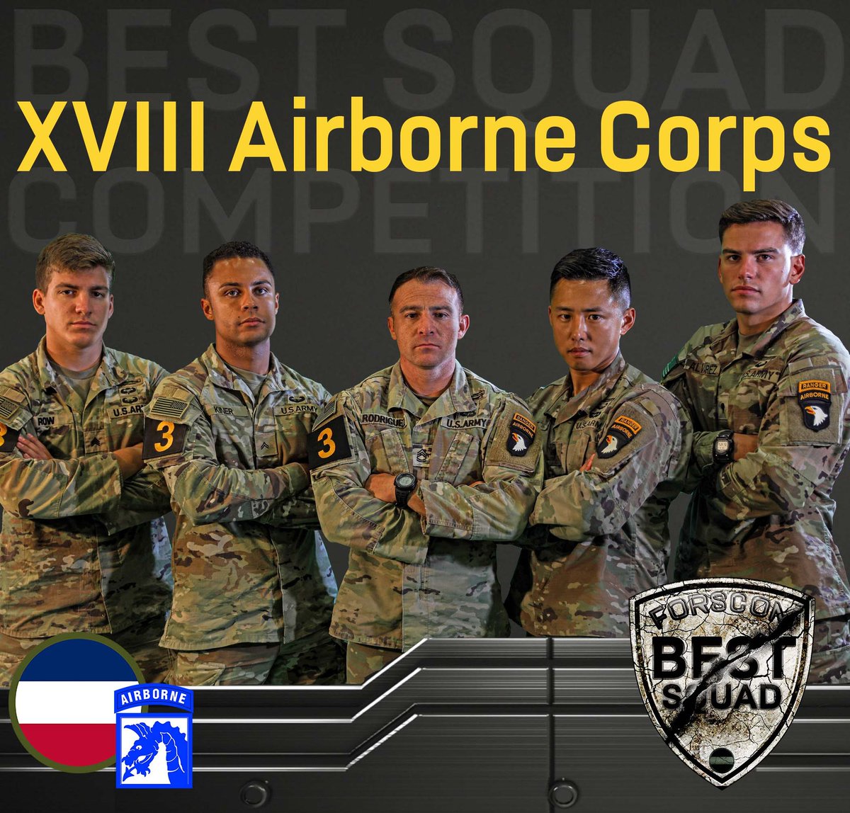 USArmyWHC's tweet image. 🏆 U.S. Army Forces Command Best Squad Competition 2022 🏆

CONGRATULATIONS to the @18airbornecorps squad from @StrikeBCT, @101stAASLTDIV for being named the 2022 U.S. Army Forces Command Best Squad!!!

#BestSquad22 #IAMFORSCOM @16thSMA @ArmyChiefStaff @SecArmy @USArmy