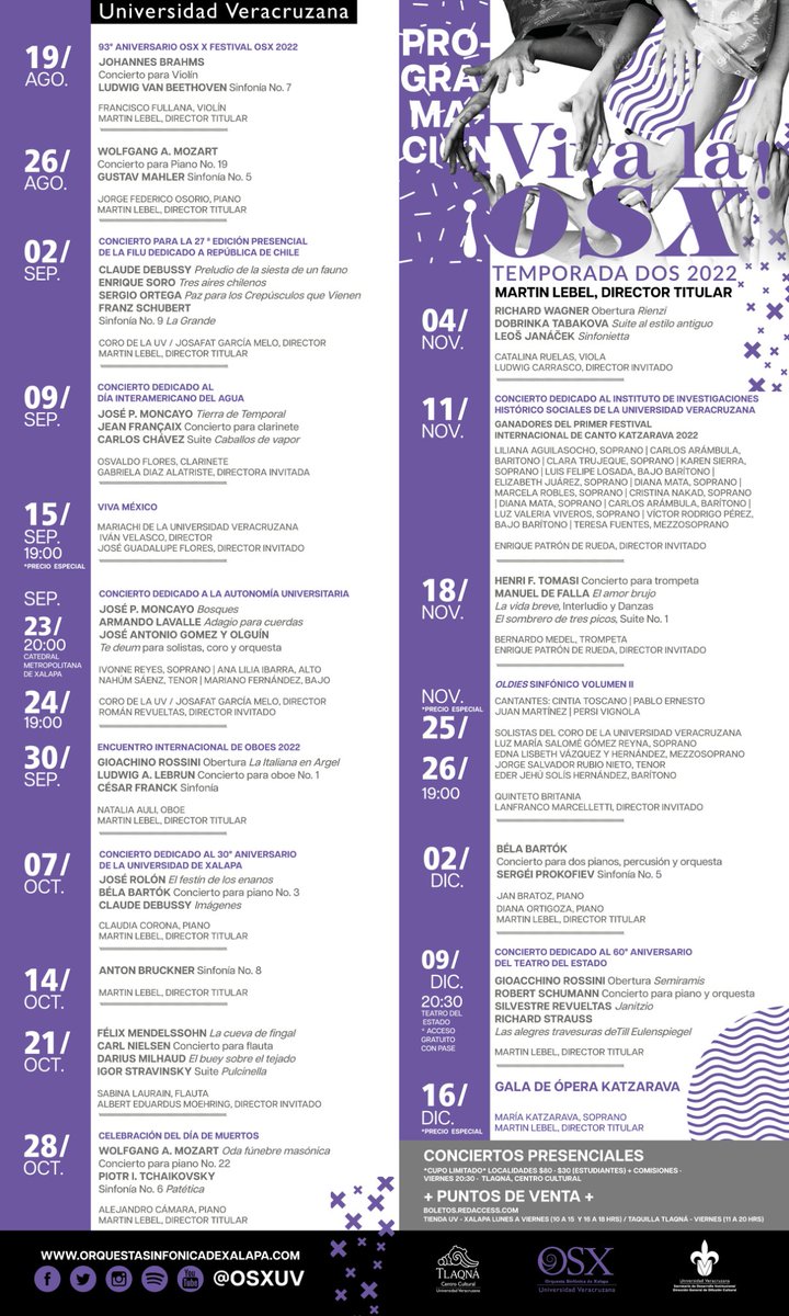 #ComunidadUV
¡Grandes sorpresas musicales te esperan este semestre! 🎻🎹
Disfruta cada una de las actividades que la <a href="/OSXUV/">Orquesta Sinfónica de Xalapa</a> ha preparado para su segunda temporada de conciertos 2022. ¡Consulta la cartelera y haz plan!
Detalles: orquestasinfonicadexalapa.com