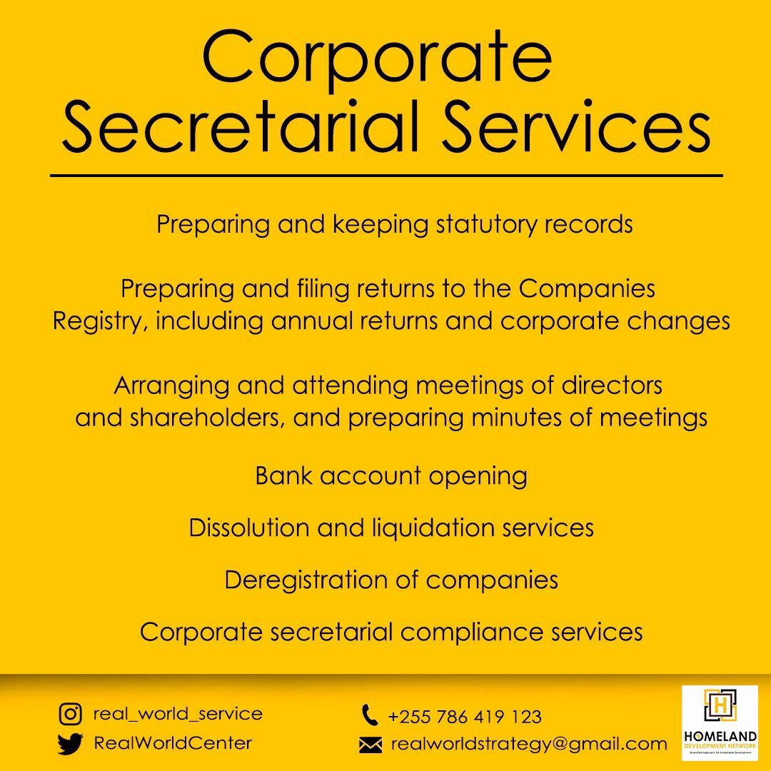 HomelandBizClub's tweet photo. #CorporateSecretarialService

Our services include company administration, statutory filings, bank account opening, registering local offices, provision of company secretaries, directorships and BRELA &amp; TRA registration and reporting services. https://t.co/uOsai0d59d