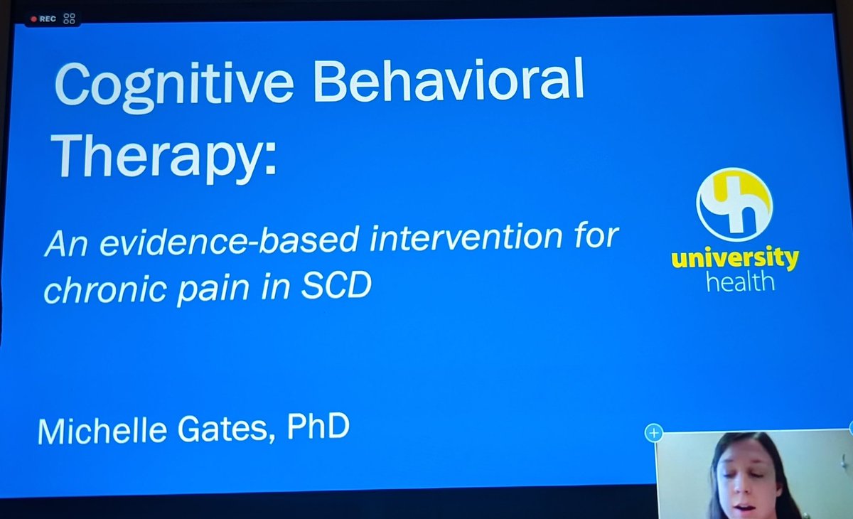 Memej99's tweet photo. Next we have Psychologist Dr. Michelle Gates from @UHKCMO on #CBT and how it can be helpful for patients with #sicklecelldisease. The goal of CBT is to learn more helpful thoughts and behavioral strategies for living with pain.
#sicklecellmidwest
#bridgingthegapsII https://t.co/YgOlxJJq6l