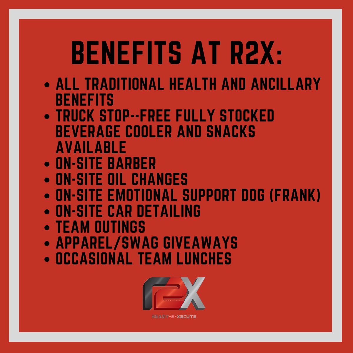 Some of the perks working at this awesome company—come join our team! If interested in a job at R2X, please check out our website for application inquiries!

#Ready2Xecute #R2X #logistics #supplychain #naptown #indy