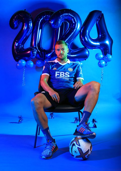 Jamie Vardy sits in front of balloons signifying 2024. 