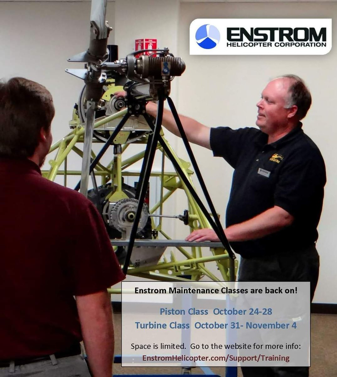 EnstromHeli's tweet photo. There are a few spots left. Sign up now!
#Enstrom #helicopter #aviationmaintenance #480B #280FX https://t.co/nhF2PfqOkS