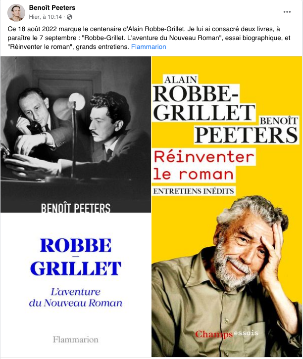 ottokarlll's tweet photo. Hier, 18 août 2022, Alain Robbe-Grillet aurait eu 100 ans. On fête donc son centenaire cette année. Et le brillantissime Benoît Peeters nous livre sa biographie ! Enfin ! "Essai biographique" à paraître le 7 septembre prochain ! Entre autres.
#AlainRobbeGrillet #BenoîtPeeters https://t.co/nfszyKfDsC