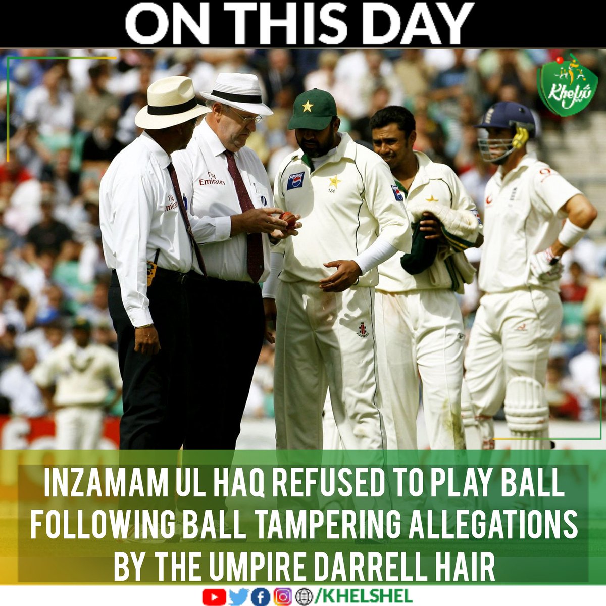khelshel's tweet photo. #OnThisDay in 2006,
Inzamam Ul Haq took his team off the field and refused to play ball in 4th Test against England at The Oval following ball-tampering allegations by the umpire Darrell Hair.

#ENGvPAK | #Cricket | #Pakistan | #England | #InzamamUlHaq | #TheOval | #DarrellHair https://t.co/u0vDuaBxtE