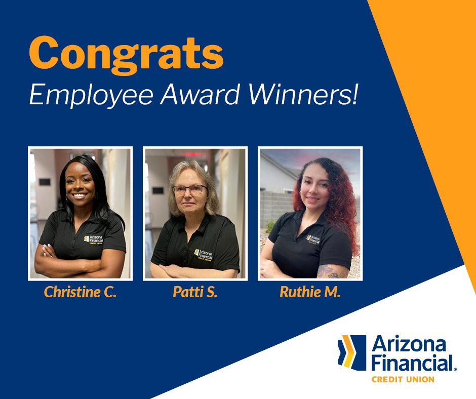 AZFinancialCU's tweet photo. OUR EMPLOYEES ROCK! Congrats to our latest employee award winners – Christine, Patti and Ruthie!👏👏 Thank you for your commitment to demonstrating the credit union's core values! 
#employeeappreciation https://t.co/Dn46AytOcW