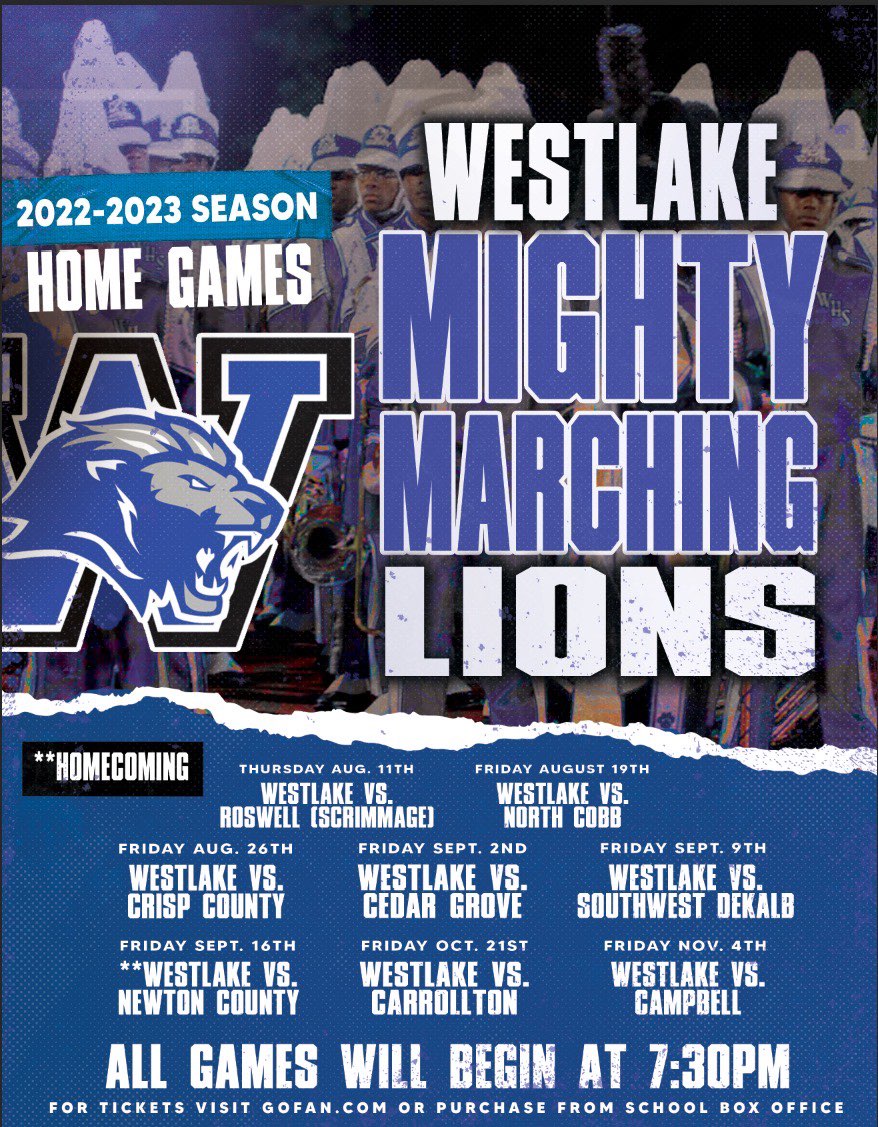 Come join us this season for the #LakeShow at home and support <a href="/WestlakeFB1/">Westlake Football</a> <a href="/LionsDreamTeam/">Westlake Lions Football Foundation 🏈🥍</a> <a href="/OneWestlake/">Westlake Lions</a> <a href="/RecruitWestlake/">WestlakeRecruits</a>!
See you at the #Show!
#OneWestlake #WeMarchAsOne #BestBandInTheLand