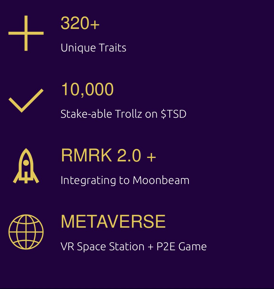 As a member, you’ll gain exclusive access to our Marketplace, where Trollz can trade crazy items🐣🐓✨

Not only that..⤵️

🔹320 Traits
🔸10,000 Stakeable Trollz
🔹RMRK 2.0
🔸Metaverse with P2E🔥

MINT NOW!👇

trollzspaceclub.io

👹🪐🍸
#FreeMint #MintNow #NFTCommunity #NFTs