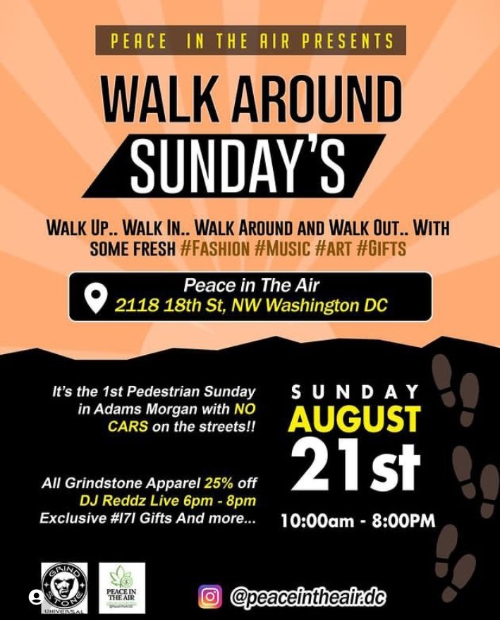 PeaceInTheAirDC's tweet photo. This Sunday is the first #PedestrianSunday in #AdamsMorgan so it’s only right we do some Walk-in specials for everybody walking around this Sunday! 

Stop by for 25% off all @grind_stone apparel!! Free #I71 gifts .. @djreddz live in-store from 6p-8p!! And more!! https://t.co/ooB3URMTas