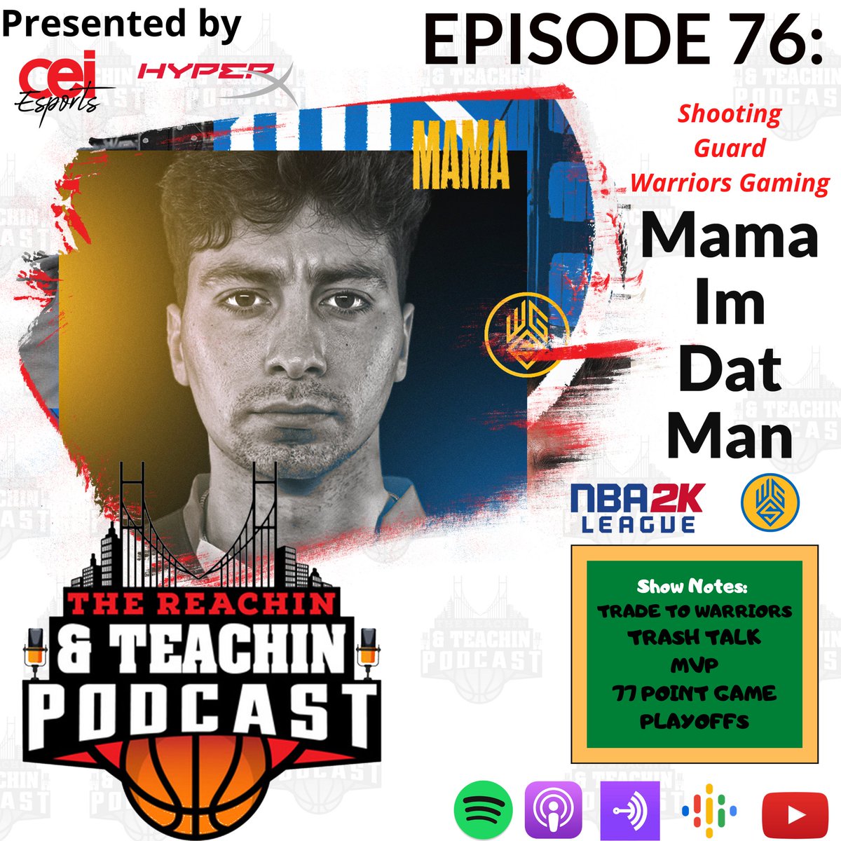 CeiEsports's tweet photo. The newest edition of the Reachin &amp; Teachin #Podcast is up presented by @hyperX! We sit with @Warriorsgaming guard and former #2KL MVP @MamaImDatMan_! We discuss his early career, the trade to the #Warriors, trash talking skills and more! Check our bio for the link and subscribe! https://t.co/rJ2u9XCJh9