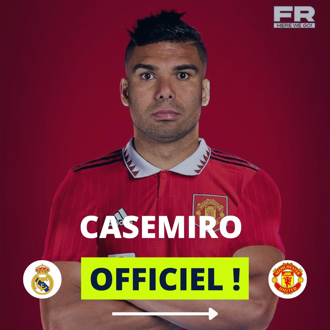 LiegFoot's tweet photo. MERCATO 🤝 : OFFICIEL ✅

 • C’est maintenant officiel, après de loyaux services Casemiro quitte le Réal Madrid et rejoint Manchester United ! 🔥

 • Le Real recevra 60M£ + 10M£ en bonus. 🤑

 • Il signe un contrat de 4 ans avec un an en option. ✍🏼

👨🏽‍💻 Source : @fabriziorom https://t.co/ysONYtxora