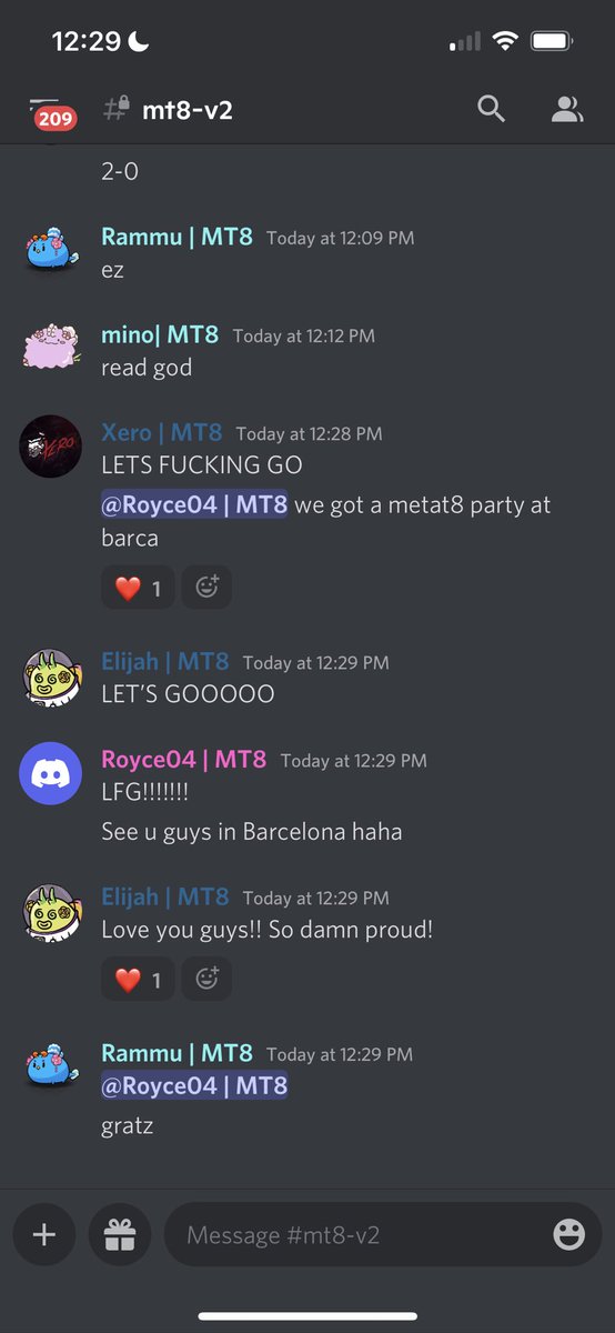 Hard to put into words how proud I am of <a href="/Royce04x/">Royce04 | MT8</a> and <a href="/mino_axie/">mino.ron 🍊</a> for qualifying and moving on to the <a href="/AxieInfinity/">Axie Infinity</a> world championship in Spain! You guys deserve it - insane training and preparation went into this. 

It’s an honor having you as teammates. <a href="/METAT8esports/">METAT8</a> 🙏