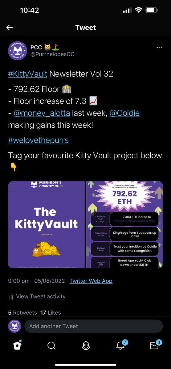 PurrnelopesCC's tweet photo. #KittyVault volume 34
- 843.06 floor ๐ฆ
- Floor decrease of 10.03 ๐
- @AvaStarsNFT takes over as our highest individual NFT floor! ๐ธ
#welovethepurrs https://t.co/pe2iMK23NP