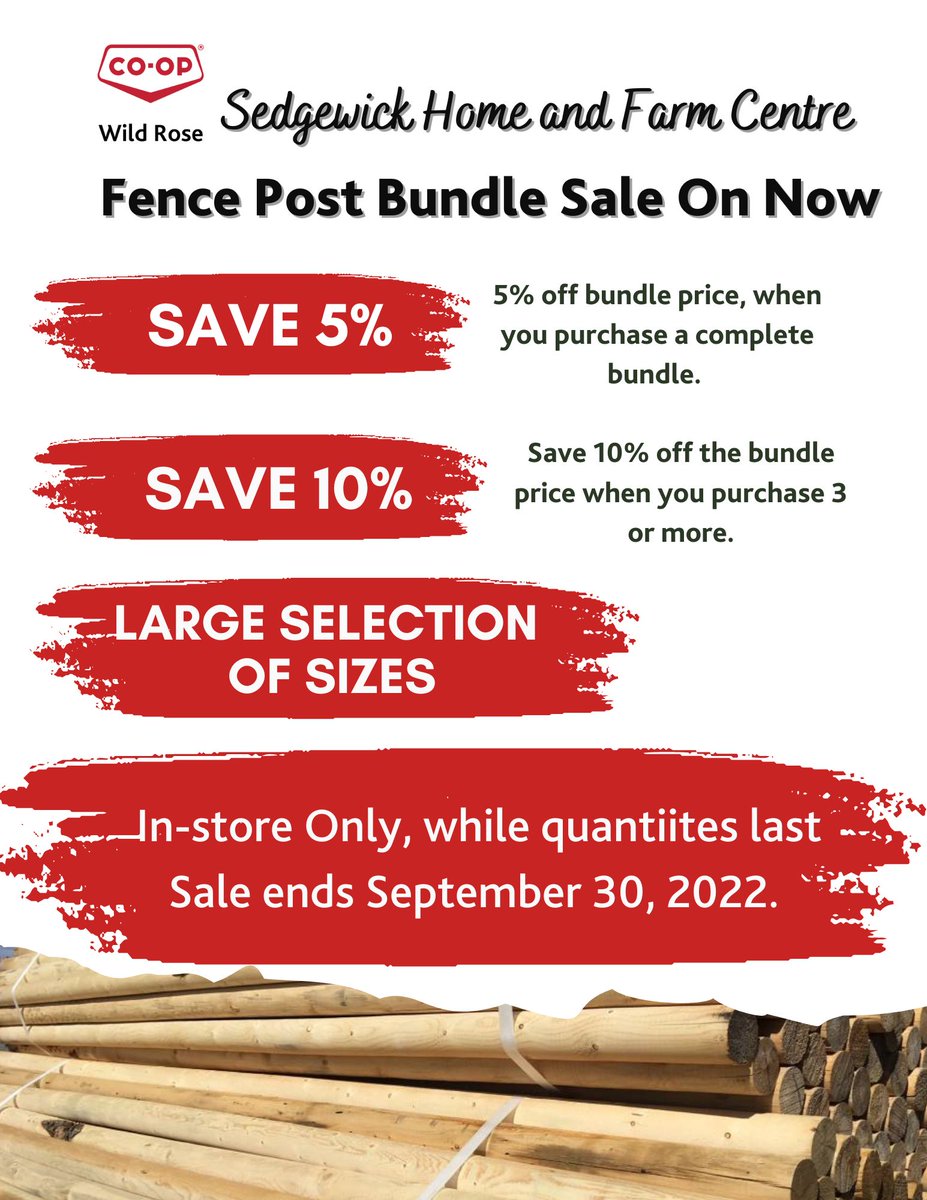 WildRoseCoop's tweet photo. The Sedgewick Home and Farm Centre has a sale on fence post bundles. Sale is on until the end of September! 

@WRC_GrowTeam https://t.co/ZHjR10c8lh