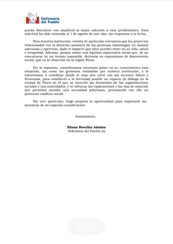 corrego40's tweet photo. La Defensoría del Pueblo solicita intervención de @pcmperu @MEF_Peru y @Minsa_Peru en la ejecución del proyecto del #HospitalDeAltaComplejidad en #Piura https://t.co/EWanVgzkmd