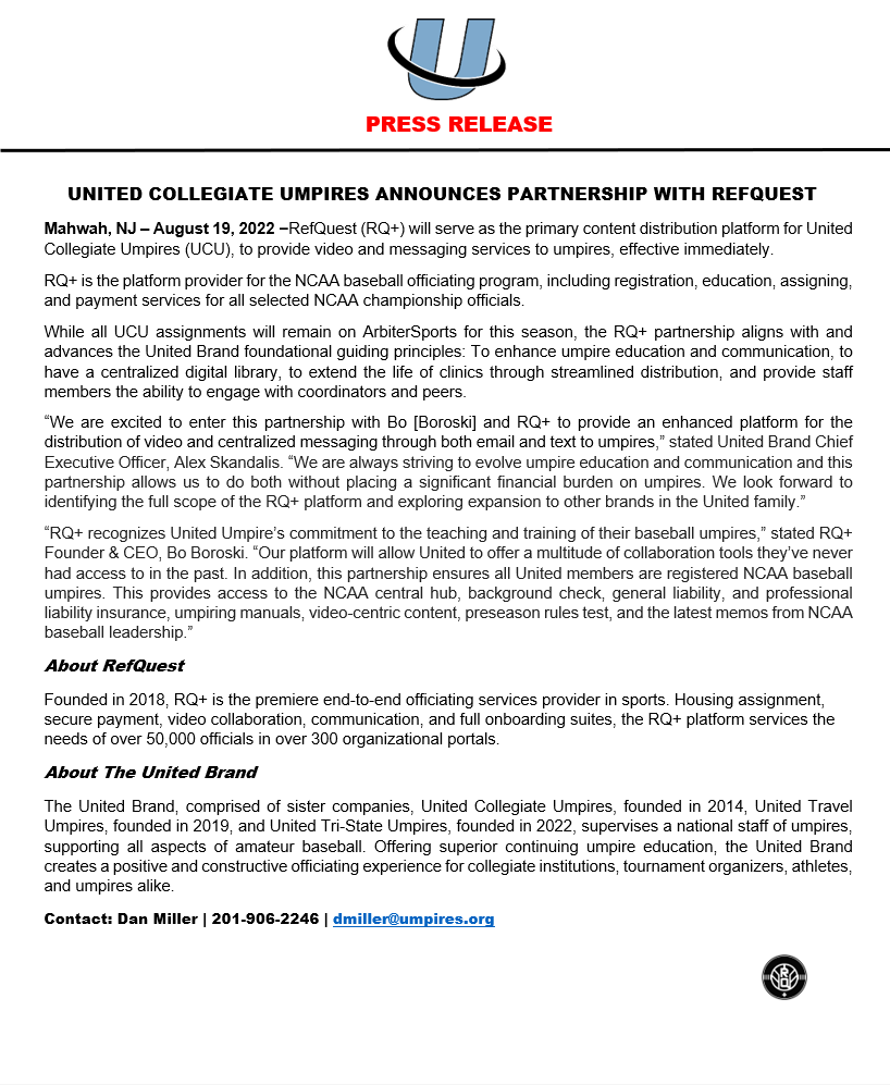UnitedUmpires's tweet photo. United Umpire News | UCU Announces Partnership with @RefQuestPlus | Transitioning to the #RefQuest distribution platform significantly increases the reach of original continuing umpire education content that our organization has pushed since inception. #BeaBetterUmpire https://t.co/NBKkzGklea