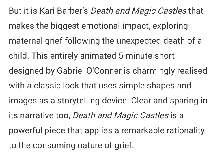 Death and Magic Castles the animated film Kari made about losing our Zizou gets a nice review from the MOM Film Fest <a href="/MOMFilmFest/">MOM Film Fest</a> Zizou forever! I thought of you today and looked up while interviewing someone by the Truckee River who said the loss of her brother redirected her.
