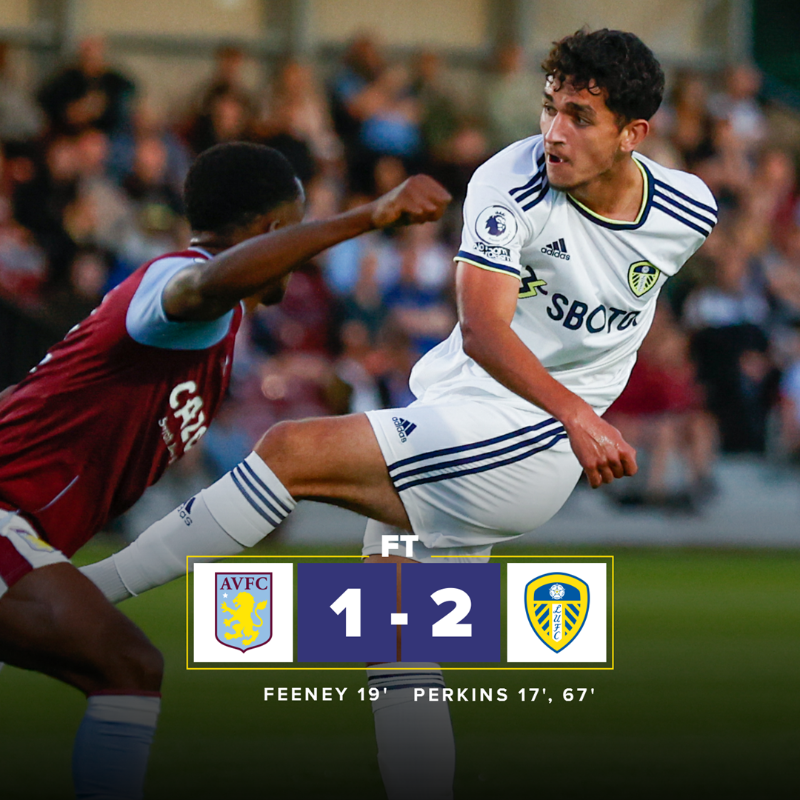 LUFC's tweet photo. 𝗙𝘂𝗹𝗹 𝗧𝗶𝗺𝗲: A Sonny Perkins brace seals the three points for our U21s, as they defeat Aston Villa 2-1