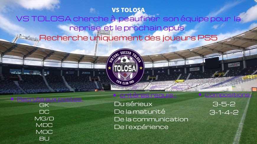 tio_louiss's tweet image. 🚨🚨
Pour préparer la nouvelle saison en EFA , le VS TOLOSA recrute des joueurs à tous les postes . RT apprécié, contact mp ouvert 
@AgentDuCP @VSTolosa @CClubpro @eSportFA_FR