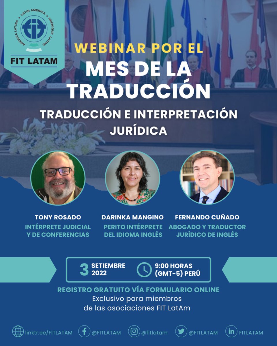 FITLATAM's tweet image. #WEBINARIOSFITLATAM

Por el mes de la traducción, FIT LatAm organiza una jornada de Traducción e Interpretación Jurídica.

📅 3 de septiembre

✍️ forms.gle/obQ6hdjRQH9kem…

#TraducciónJurídica #InterpretaciónJurídica #MesDeLaTraducción 
#FIT #FITEurope #FITLatAm
