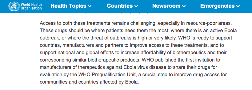 HealthLawAdamH's tweet photo. Of course, recommended treatments for #Ebola are only helpful if the patients who need them actually have #access.
WHO calls for steps to be taken to make them more accessible, including #WHOPrequalification. https://t.co/dhZxdBMFso