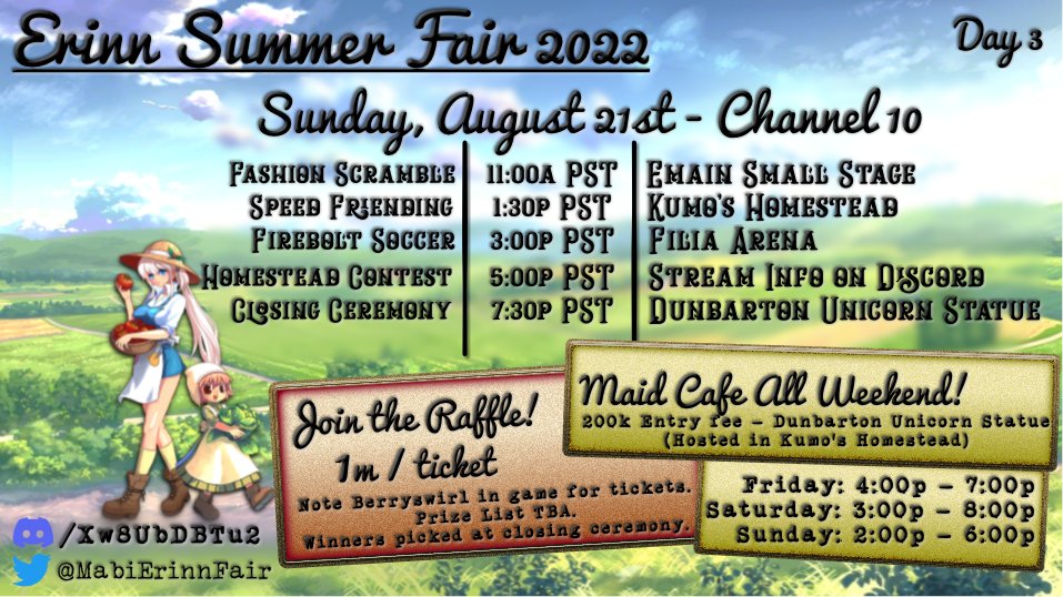 MabiOfficial's tweet photo. 🚨 Calling All Milletians! 🚨

This weekend the community lead, Erinn Summer Fair is taking place in Ch 10!

Events will be held all weekend long! Everything from 🎁 giveaways, to 👗fashion shows, and even some 🎼 concerts! 

Lets make some memories! https://t.co/0dSLMMmWDA