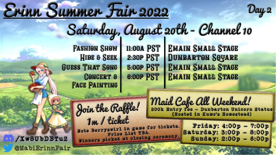 MabiOfficial's tweet photo. 🚨 Calling All Milletians! 🚨

This weekend the community lead, Erinn Summer Fair is taking place in Ch 10!

Events will be held all weekend long! Everything from 🎁 giveaways, to 👗fashion shows, and even some 🎼 concerts! 

Lets make some memories! https://t.co/0dSLMMmWDA