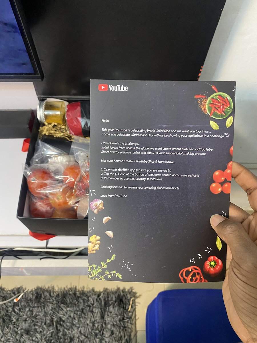 itsTomiwa's tweet photo. YouTube sent me this cute box with jollof ingredients in it to celebrate the legendary #WorldJollofRiceDay. i’ll be extending the #JollofLove to two of my followers. 😍

If you're interested, post a video on YouTube Shorts explaining how you love your jollof. Let’s go! https://t.co/dYkGIoSYwO