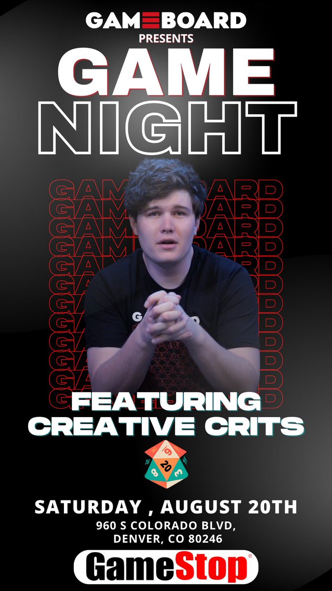 Want to play some #dnd this weekend? Join my friends <a href="/CreativeCritsTV/">Creative Crits</a> as they lead players through some quick one-shot games on <a href="/LastGameboard/">Last Gameboard</a> live in #Denver at <a href="/GameStop/">GameStop</a> from 5pm-9pm Sat, Aug 20th! You may want to drop in store and sign up quick, space is limited!