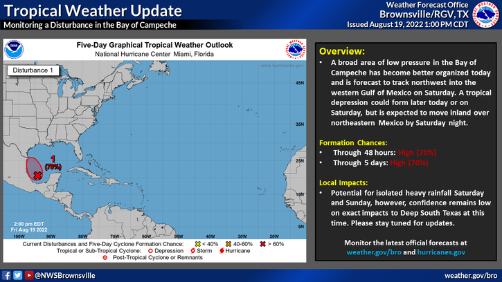 NWSBrownsville's tweet photo. NHC is continuing to closely monitor the tropical disturbance in the SW Gulf of Mexico. It now has a 70 % chance of development over the next 48 hours. Residents of Deep South Texas and the RGV should continue to monitor the progress of this system. #RGVwx #Tropics https://t.co/BnsLCoJ6oj