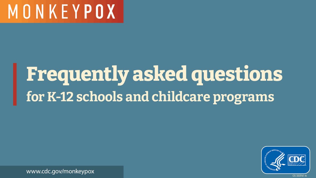 CDCgov's tweet photo. School and childcare administrators and staff: Get answers to some of your #monkeypox questions with this helpful list of frequently asked questions for K-12 schools and childcare programs. Learn more: https://t.co/K9e94ktX4X. https://t.co/8HLF6ayDMs
