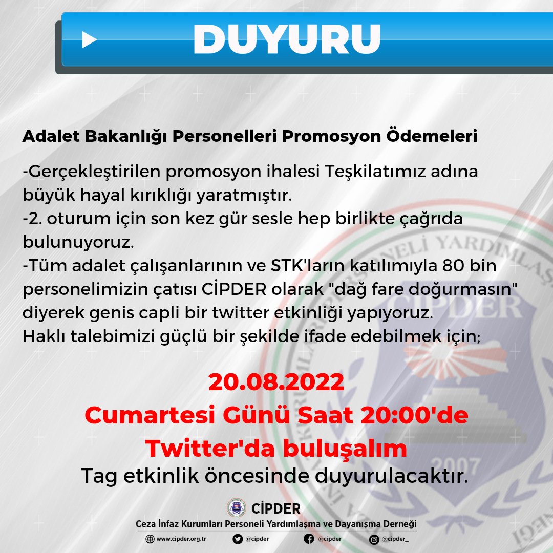 Cipder's tweet photo. Adalet çalışanlarının hakkı için son çağrıyı "hep birlikte" yapıyoruz. Ailemizin tüm fertlerini tek ses olarak istisnasız cagrımıza davet ediyoruz. @Cipder https://t.co/nase5ybvdK