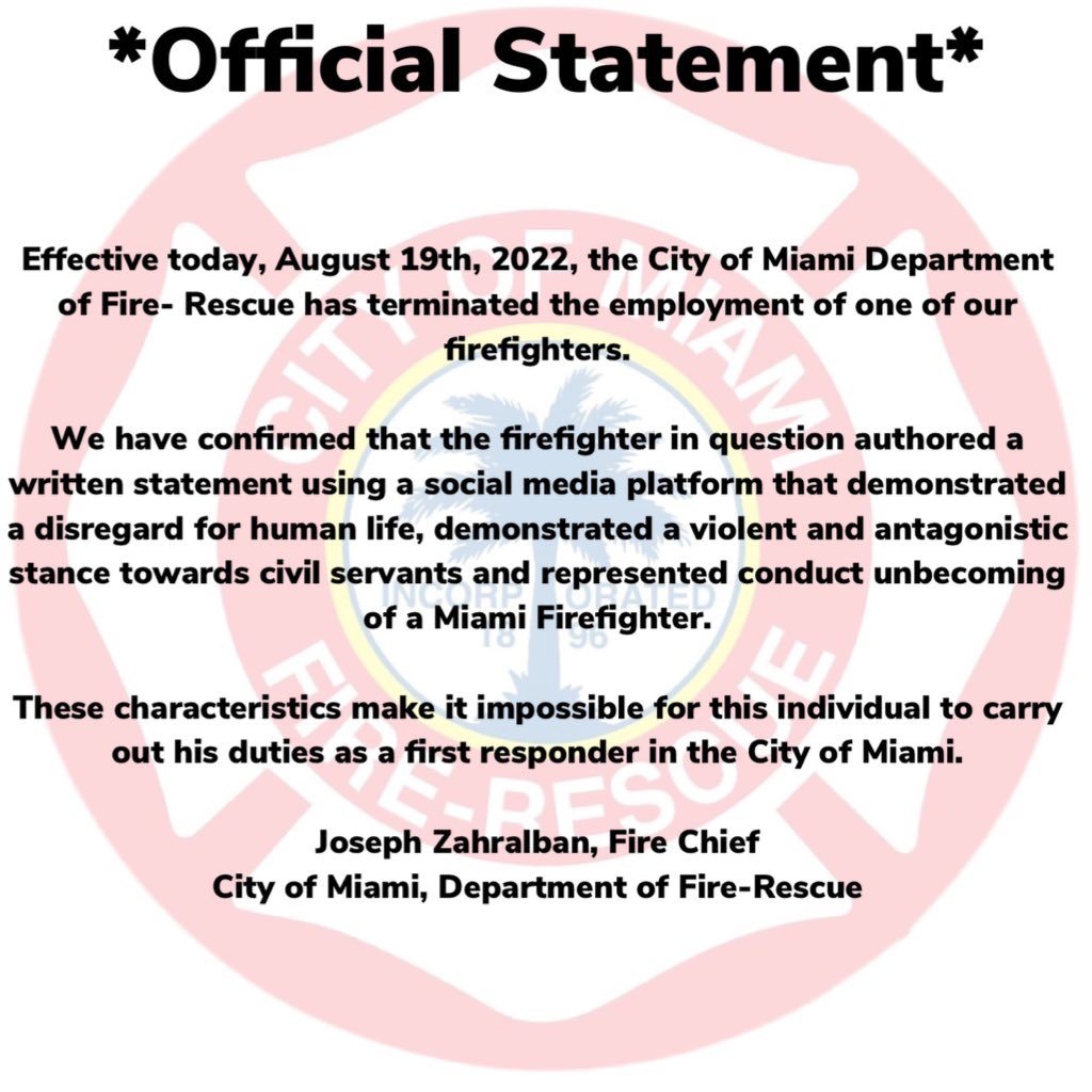 CityofMiamiFire's tweet image. Updated statement from Fire Chief Joseph Zahralban.