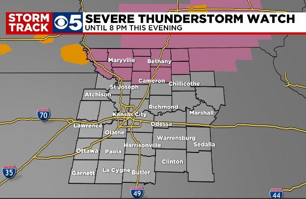Severe Thunderstorm Watch in effect until 8 PM. Keeping a keen eye on the storm near the Missouri river. <a href="/KCTV5/">KCTV5 News</a>