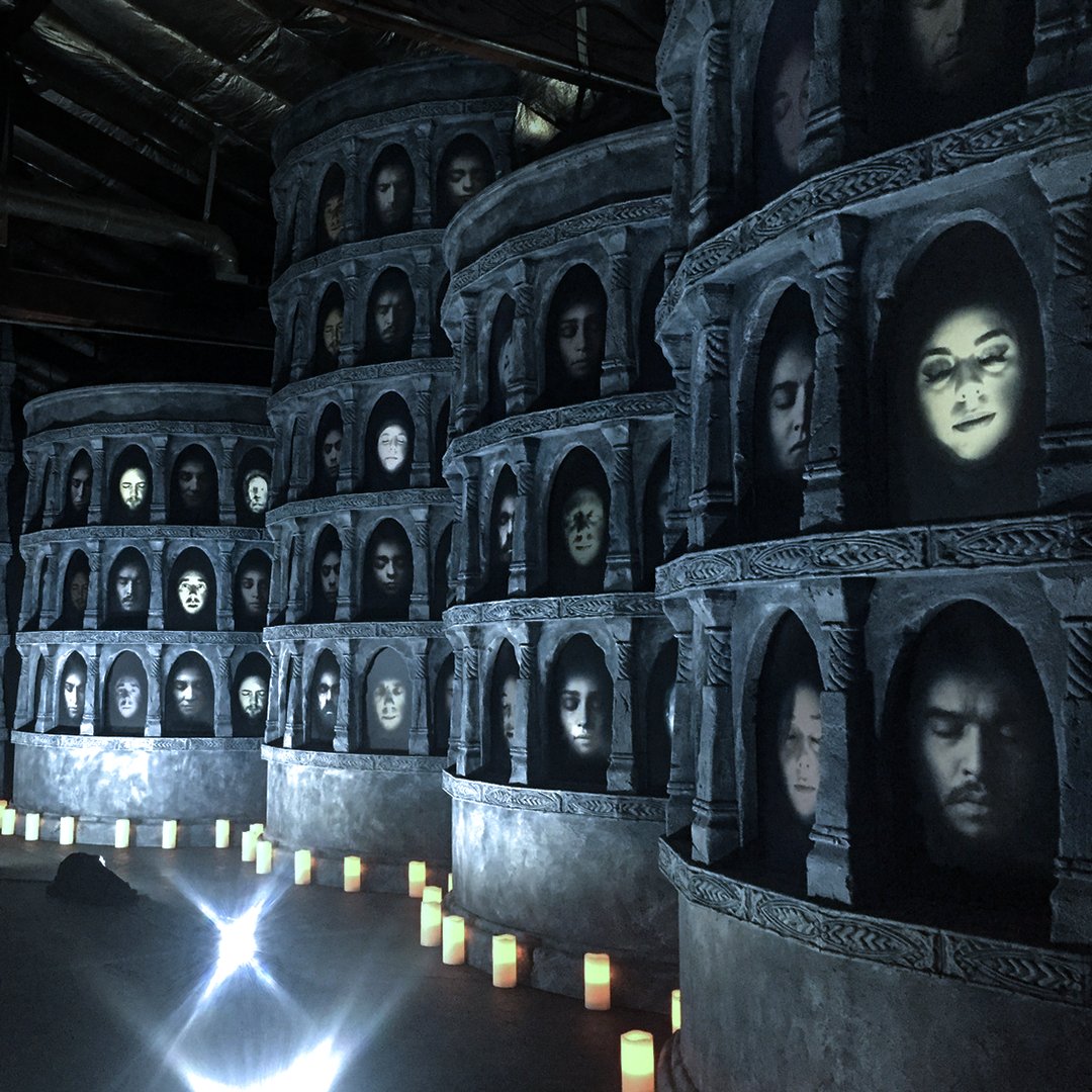 24GCompany's tweet photo. As we countdown to the release of #GameOfThrones #HouseOfTheDragon, here’s a look back at when we brought the haunting #GOT Season 6 #HallOfFaces to life featuring fan faces from around the world at #SXSWesteros. 🐉⚔️ #HOTD #24GExperiential #ExperientialMarketing #SXSW https://t.co/MCpQLnLHZd