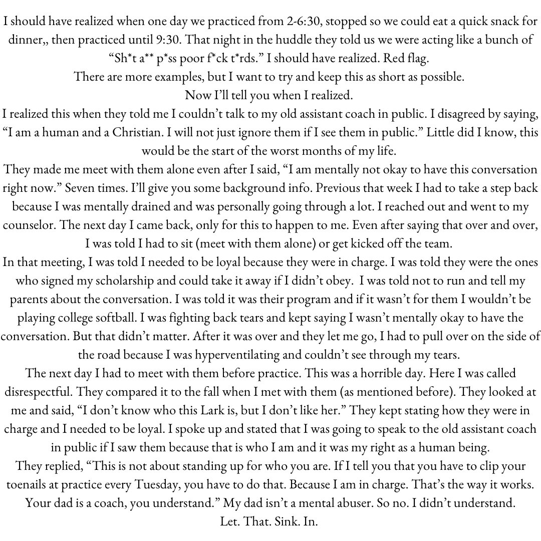 If your wondering what mental abuse/bullying can look like in athletics and softball, read my story. 
I have finally healed enough to share it, in hopes to spread awareness and to let anyone struggling know they are not alone. 
Your mental health matters. 
#mentalabuseawareness
