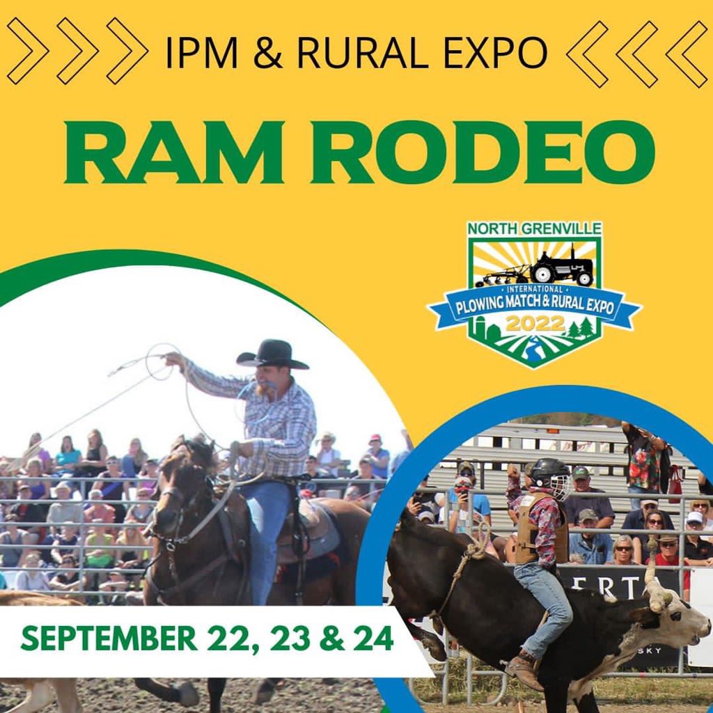 IPM2022's tweet photo. We are excited to announce that the RAM RODEO will be at the International Plowing Match &amp; Rural Expo on September 23, 24 &amp; 25! Get your tickets to see this amazing rodeo now! 🐎🐂 
https://t.co/nphpqryMzP 

#ipm2022 #RAMRodeo https://t.co/fcZZEaNB0N