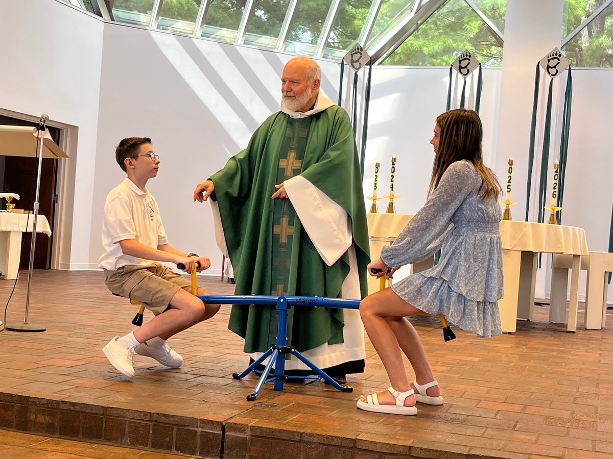 stbedeacademy's tweet photo. Today's back-to-school Mass homily centered around balance. Fr. Ron brought his message to life using fun obstacles to illustrate his message to students. #StBedeAcademy #WhereYouBelong #FirstMass #Freshmanhandshake https://t.co/SWnrP39OyN