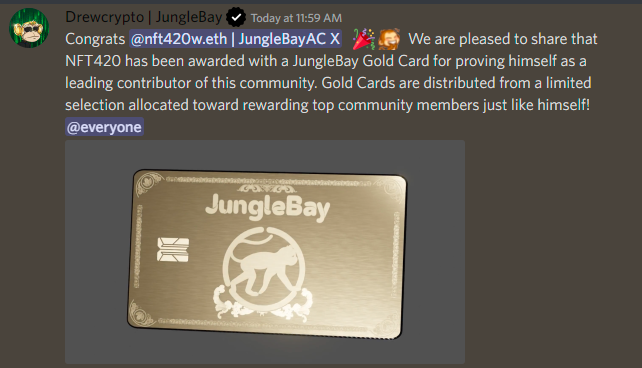 nft420w's tweet photo. Happy Friday to all!! Today is an amazing day!! I want to thank everyone who made all of this possible!! @JungleBayAC you are amazing!! I will forever support this amazing #NFTProject with such an incredible #NFTCommunity Officially #goldcard member!! #LFG #NFTs #nftart https://t.co/5naHRr0DZE