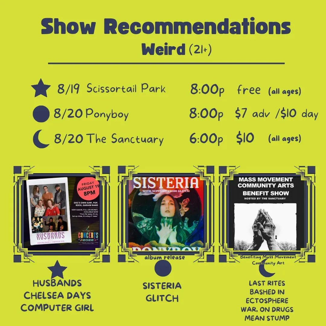 WeirderOK's tweet photo. WEIRD show recs for your #okclivemusic weekend
β Surfy garage pop in a downtown park
π Body & spirit psych rock album release
π Heavy sludge fundraiser for a Tulsa community arts institution https://t.co/JkvWy40Kjr