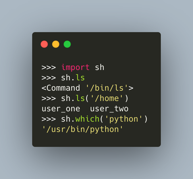 driscollis's tweet photo. Have you tried out the sh package for #Python yet? This package makes calling Linux and Mac terminal commands really easy! 🐍🔥

https://t.co/IZbzcxxXu5 https://t.co/W0Gu8ntZKk