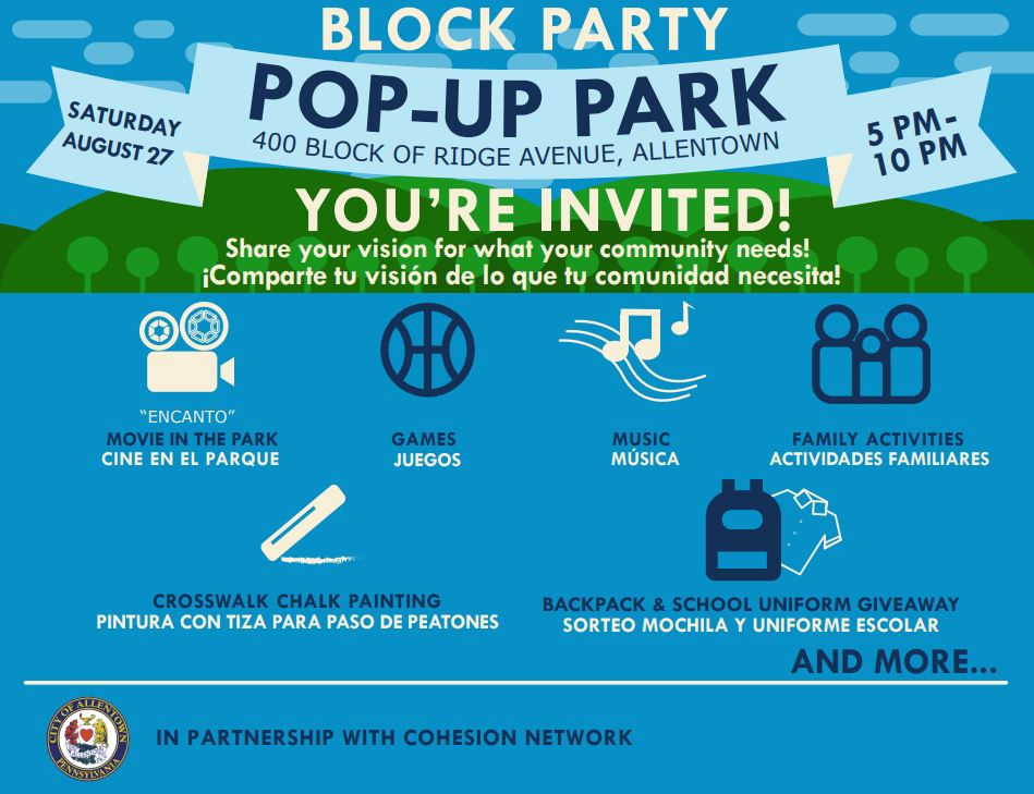 nhclv's tweet photo. From @AllentownCityPA - Free block party: Sat. 8/27 on the 400 block of Ridge Avenue from 5-10 p.m., for a pop-up neighborhood park with games, music, a movie and much more! The block party will have a back-to-school theme with giveaways: backpacks, school supplies, &amp; uniforms. https://t.co/k28O8mJ7I2
