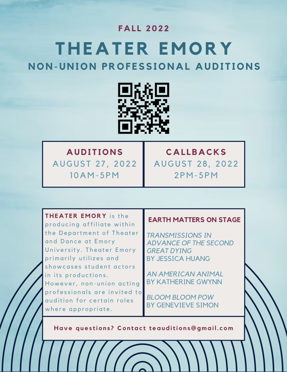 TheaterEmory's tweet photo. Non-union Professional Auditions for Theater Emory's Fall 2022 season now open! 🎭 For more information about the plays, playwrights, casting needs, and the audition process, follow the QR code or the link below.
https://t.co/Zk9RUnRx9D https://t.co/zosE1XwQic