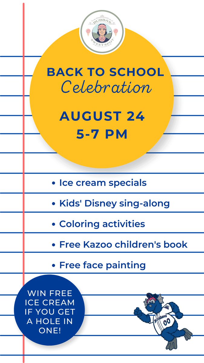 Join us for our Back to School Celebration! Face painting, free toppings, kid's Disney sing-along, coloring activities, free Kazoo children's book, and win a free ice cream scoop with a hole-in-one!

#DowntownPensacola #PensacolaFlorida