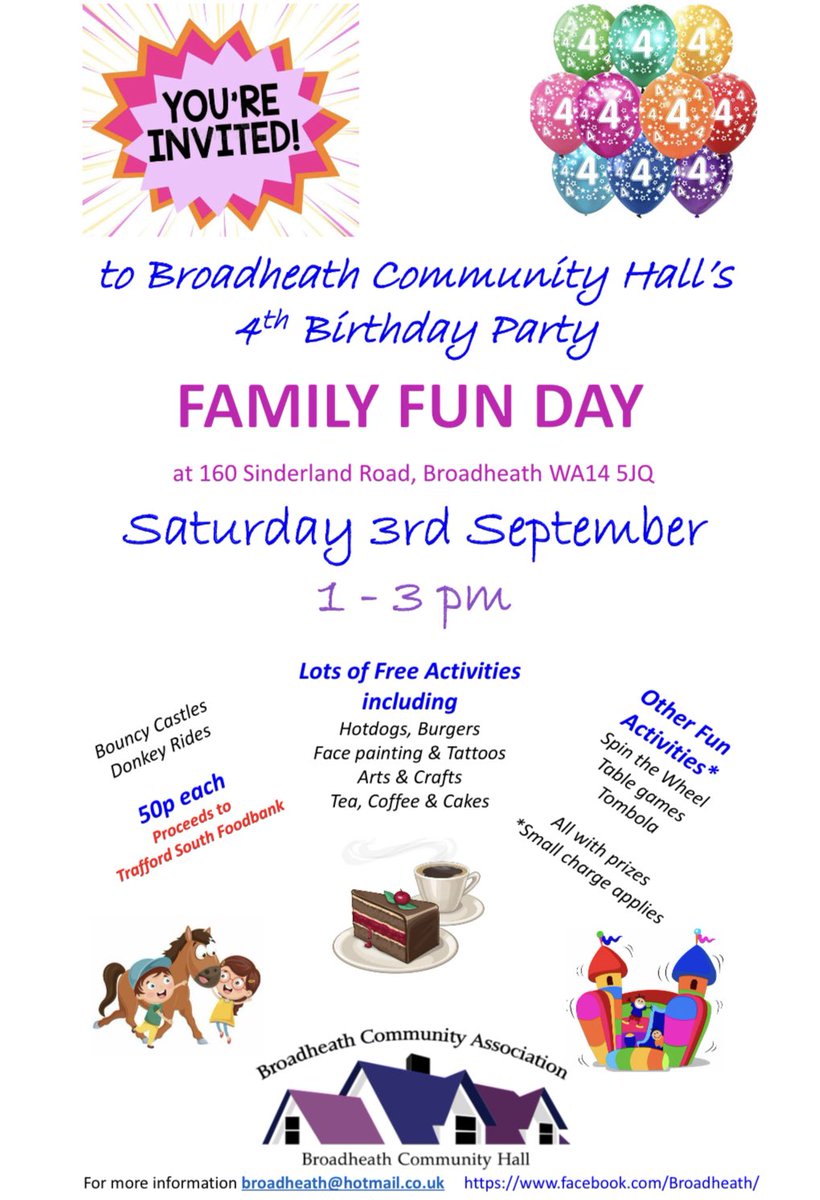 Everyone welcome to our 4th birthday party at #broadheath #community hall 3rd September 2022 1-3pm