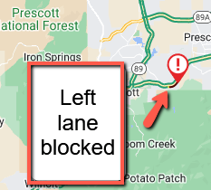 ArizonaDOT's tweet photo. State Route 69 southbound at milepost 292 near Robin Drive: A crash is blocking the left lane.
#aztraffic #SR69 https://t.co/R6vnjAzlub