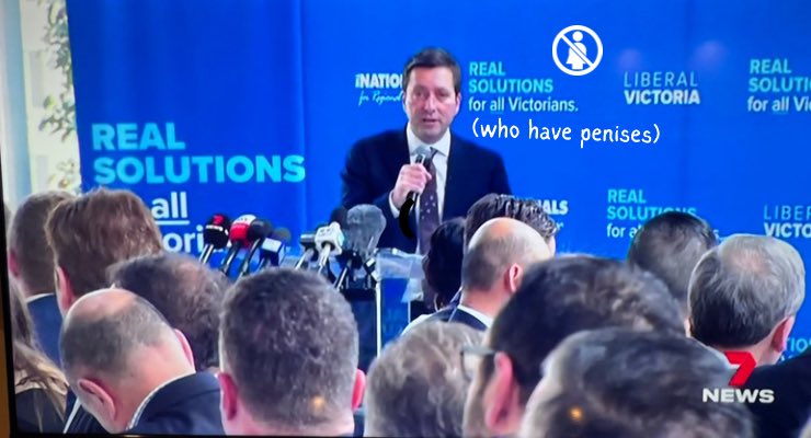 TomRed43's tweet image. Do the Liberals have a ‘women’ problem, Guy? 
“Absolutely not. As I always say: no women, no problems. Am I right fellas?”

#vicpol #womenproblem